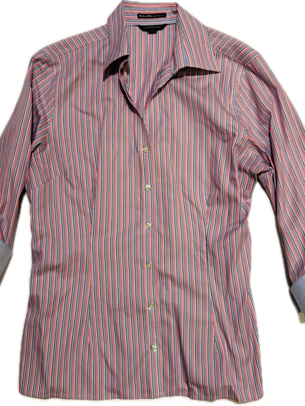 Lands' End Women’s No-Iron Pinpoint Oxford Stripe Shirt - Pink & Blue